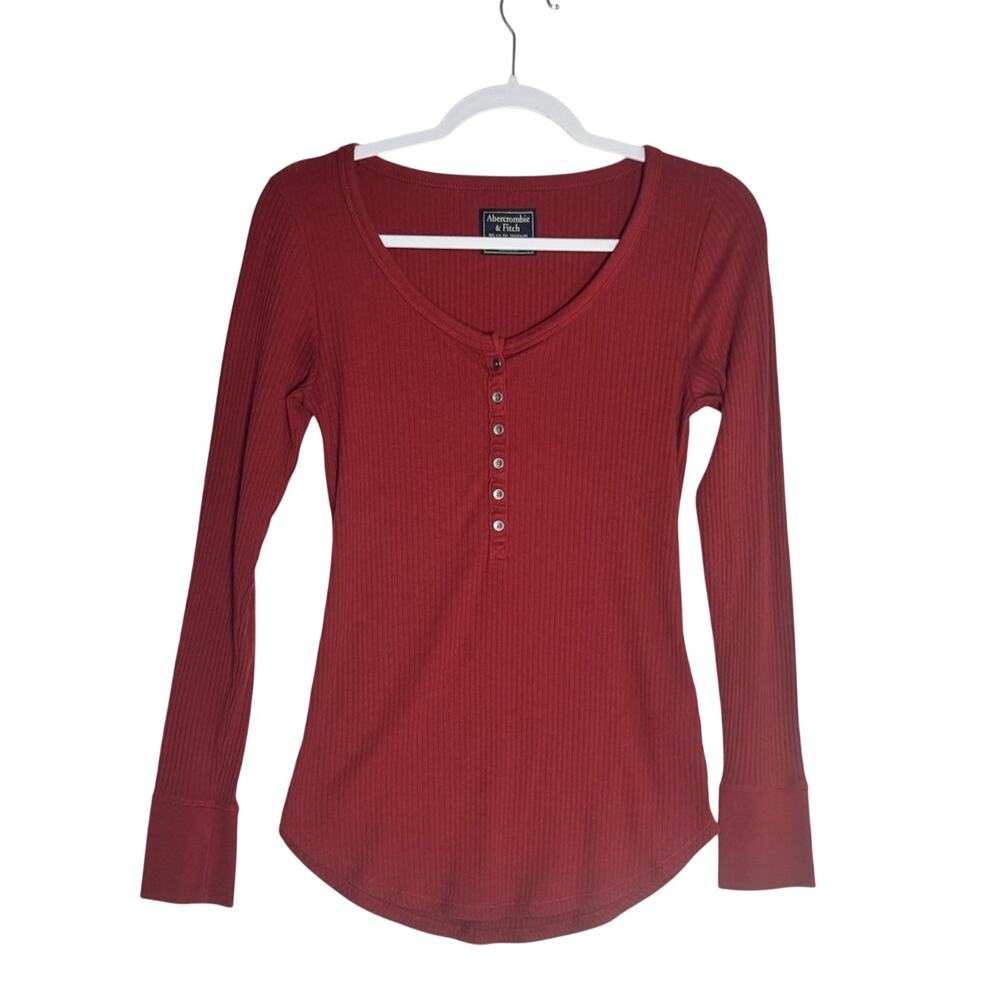 Abercrombie & Fitch Womens Y2K Red Ribbed Henley Long Sleeve Top Bella Swan Sz M